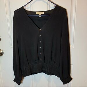 Michael Kors Black Smocked Hem V-Neck Button Front Blouse Cuffed Sleeves Size L